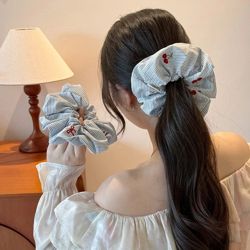 

2Pcs Korean Blue Striped Red Bow Cherry Scrunchie Hair Ties Delicate Style Fashionable Hair Accessories