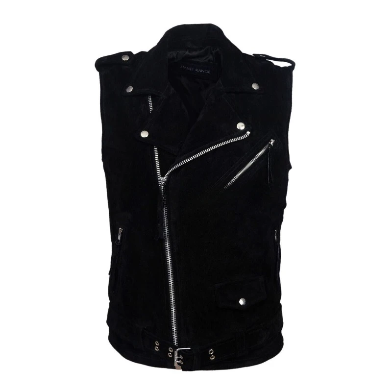 

Men Silver Hardware Genuine Suede Pure Leather Waistcoat Biker Vest Jacket