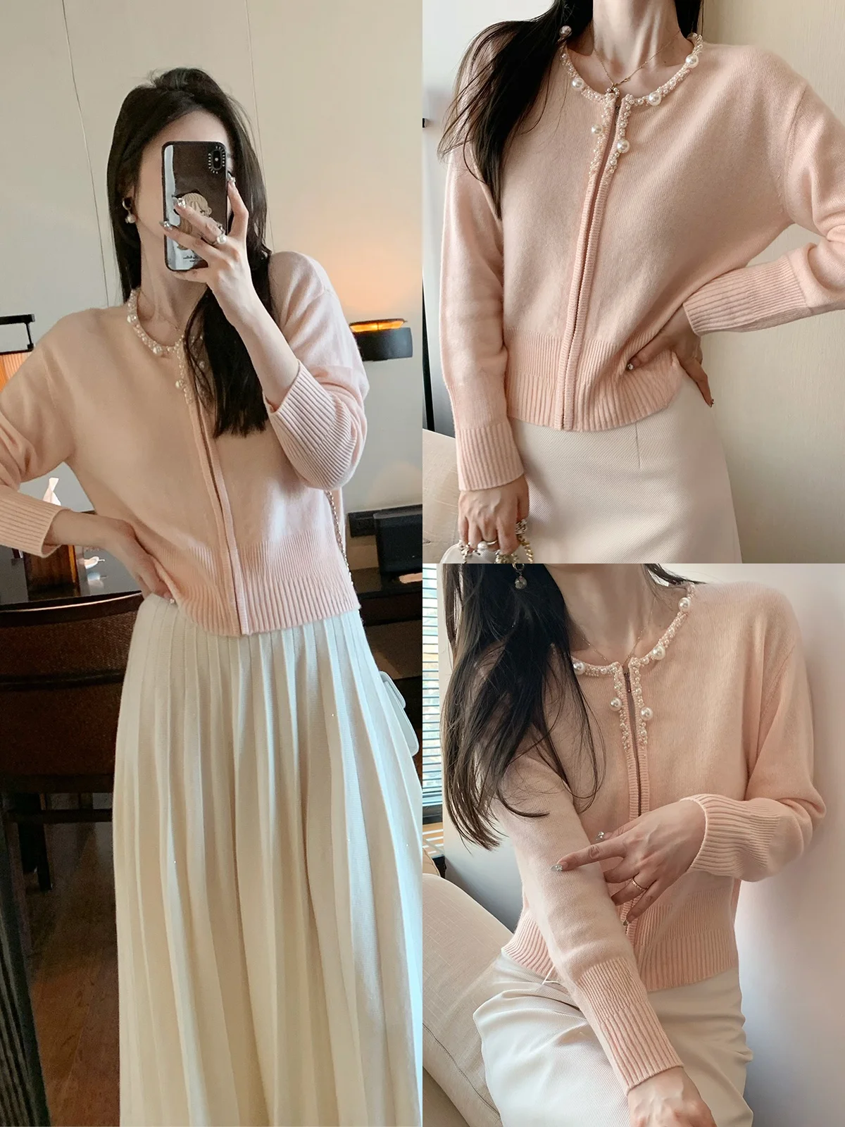 DAJOS Red Label Pearl Knit Cardigan Embellished Long Sleeve Casual Style round Neck Knitted Sweater for Women Winter 2025