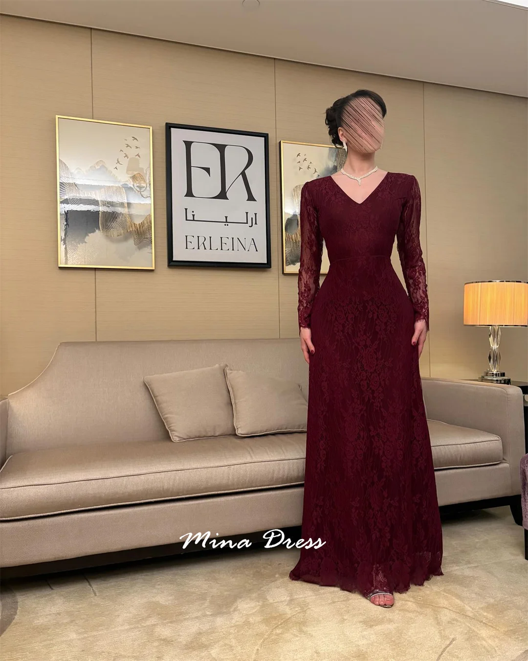 Mina Aangepaste wijnrode avondjurk Luxe elegante formele damesjurken voor speciale gelegenheden V-hals met lange mouwen Feest