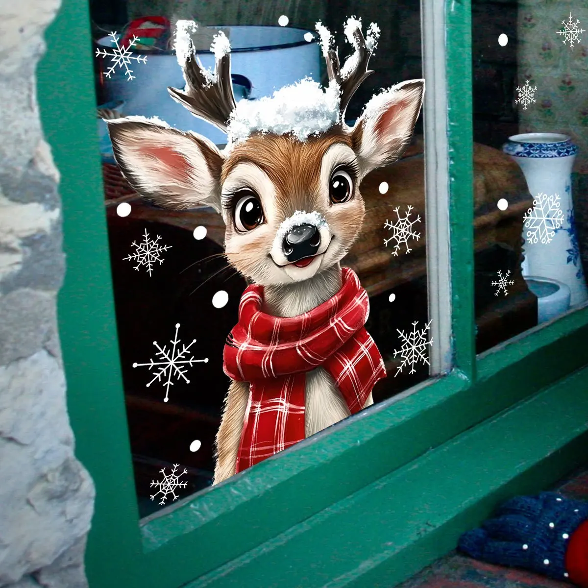 1 قطعة وشاح عيد الميلاد ندفة الثلج الرنة زجاج النافذة الشارات ثابت تتشبث ملصق مقاوم للماء لغرفة النوم غرفة المعيشة ديكور المنزل