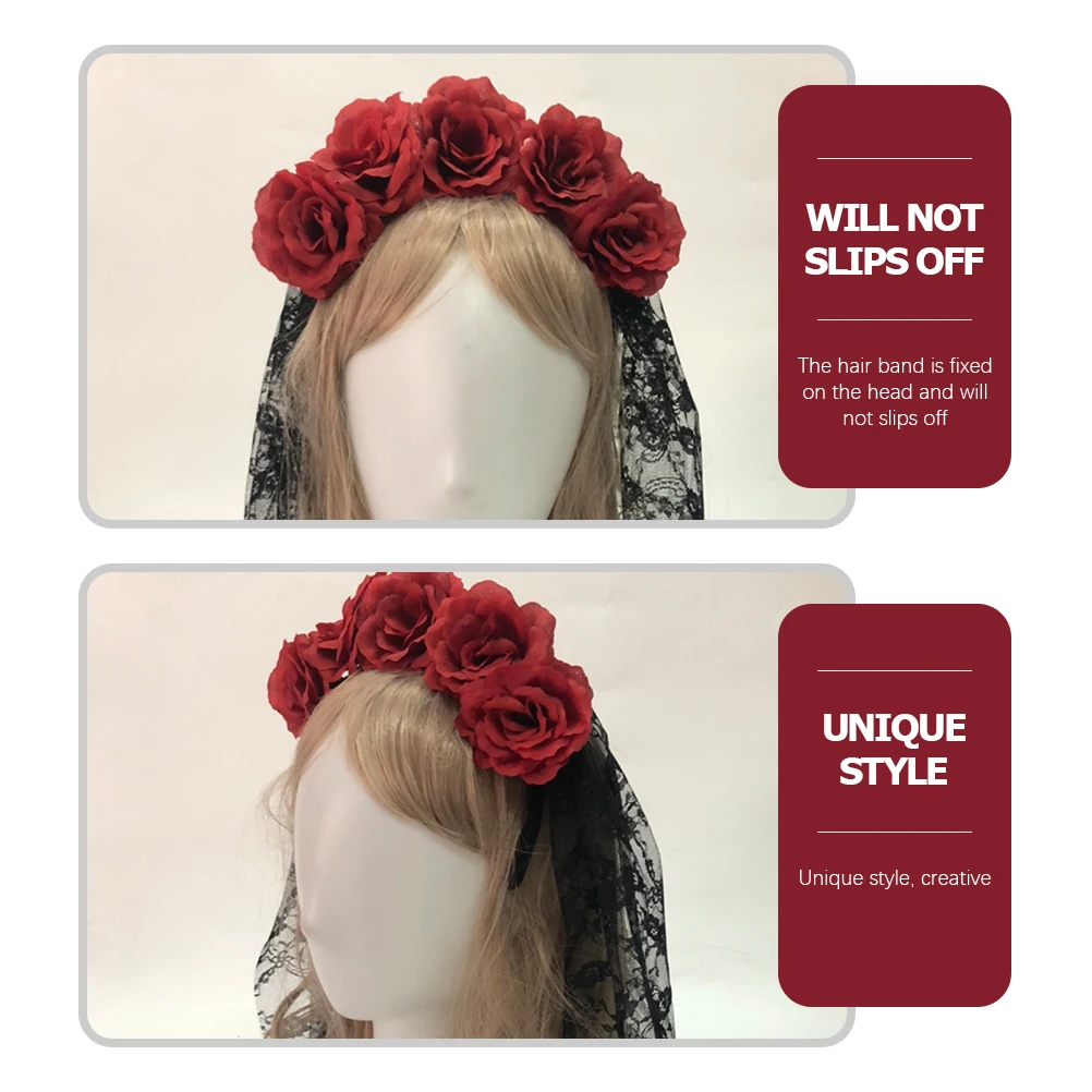 Fascia per capelli con velo in pizzo nero e rose rosse, accessorio romantico per Halloween e cosplay, corona floreale per feste e cosplay