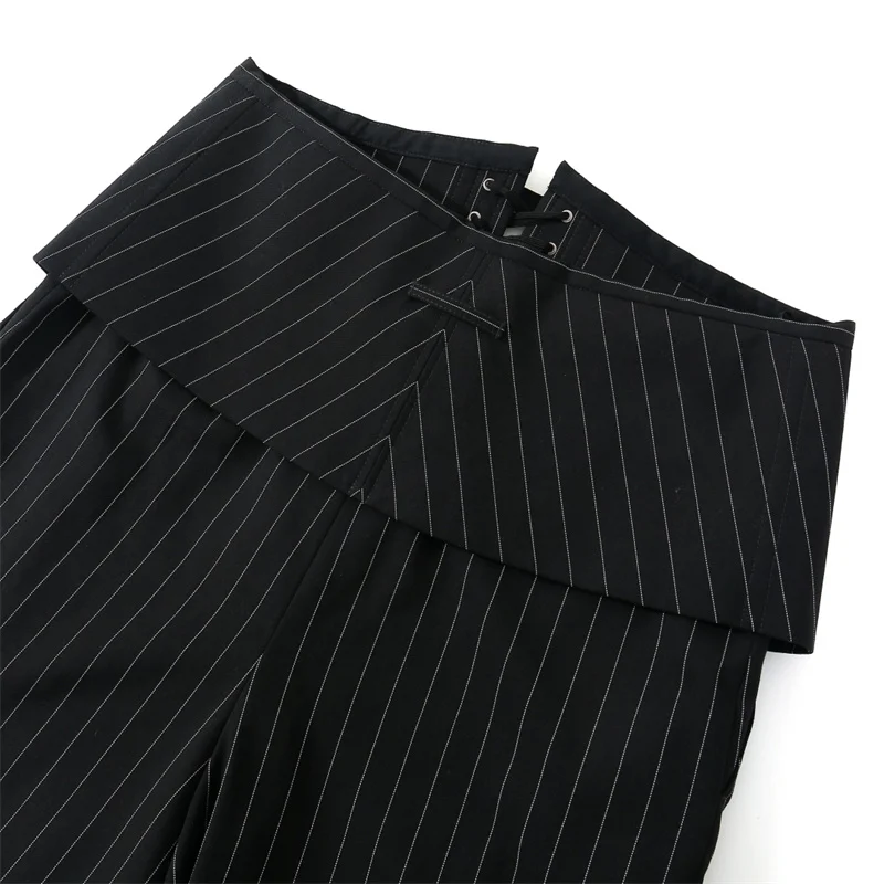Pantalones de mujer nuevos pantalones de pierna recta de cintura alta para otoño 2025, pantalones de traje a rayas de mezcla de lana, pantalones ajustados con cordones de espina de pescado