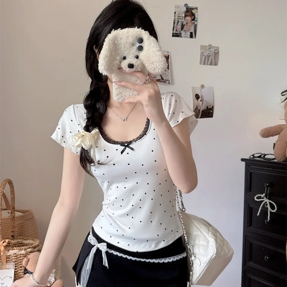 Summer New Pure Desire Sexy Lace Splice Polka Dot Short Sleeve T Shirt Slimming Fixed Band Chest Pad Versatile Cotton Blend
