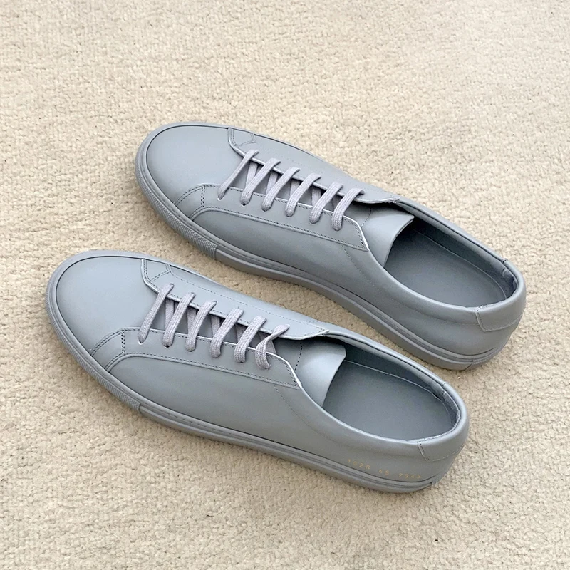 DONNAIN Daily Classic Milimalist Trainers Luxury Calfskin Handmade Unisex Casual Shoes Lace Up Flat Light Grey Sneakers Men