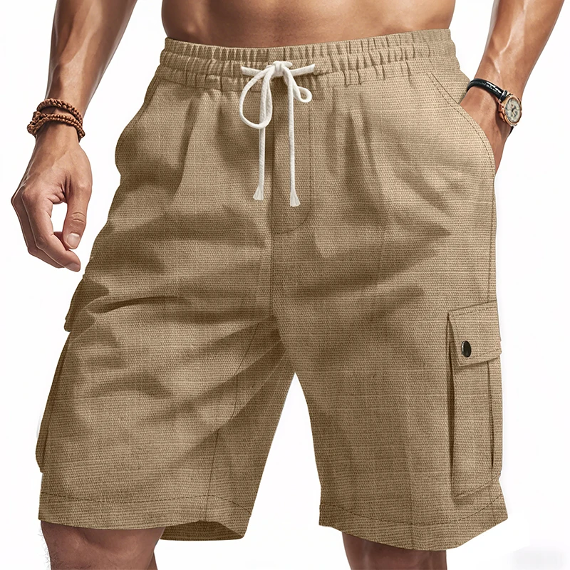 New Multi-pocket Casual Shorts Men Summer Work Breathable Short Pant Lightweight Linen Beach Shorts Drawstring Knee Length Pant