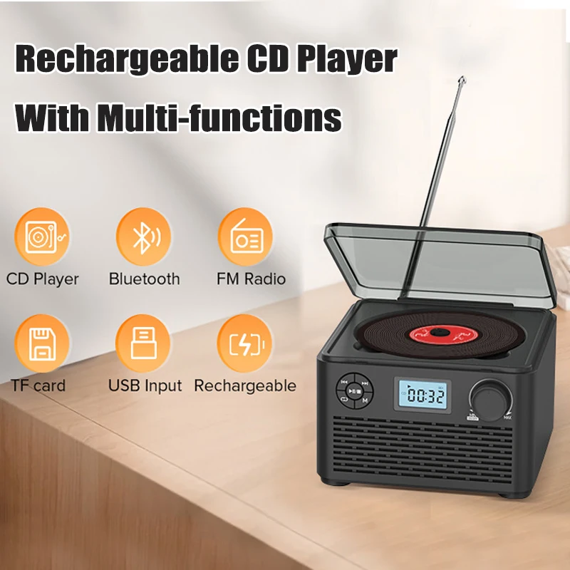 

Портативный CD-плеер с динамиками и Bluetooth, компактный, перезаряжаемый, для дома, с воспроизведением CD, MP3 через USB и FM-радио
