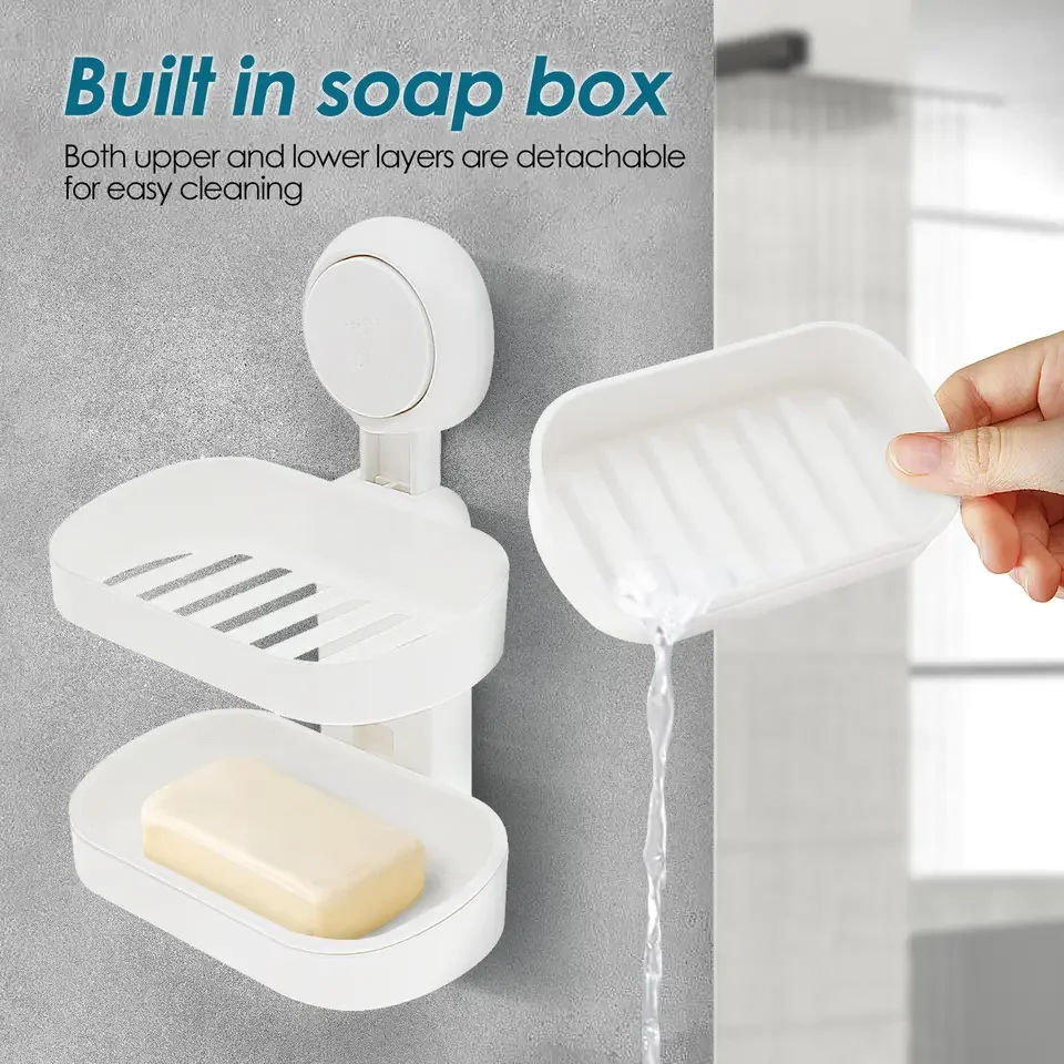 

No Drilling Suction Cup Soap Holder Plastic Double Layer Soap Dish Removable Strong Load Bearing Shower for Bathroom Kitchen