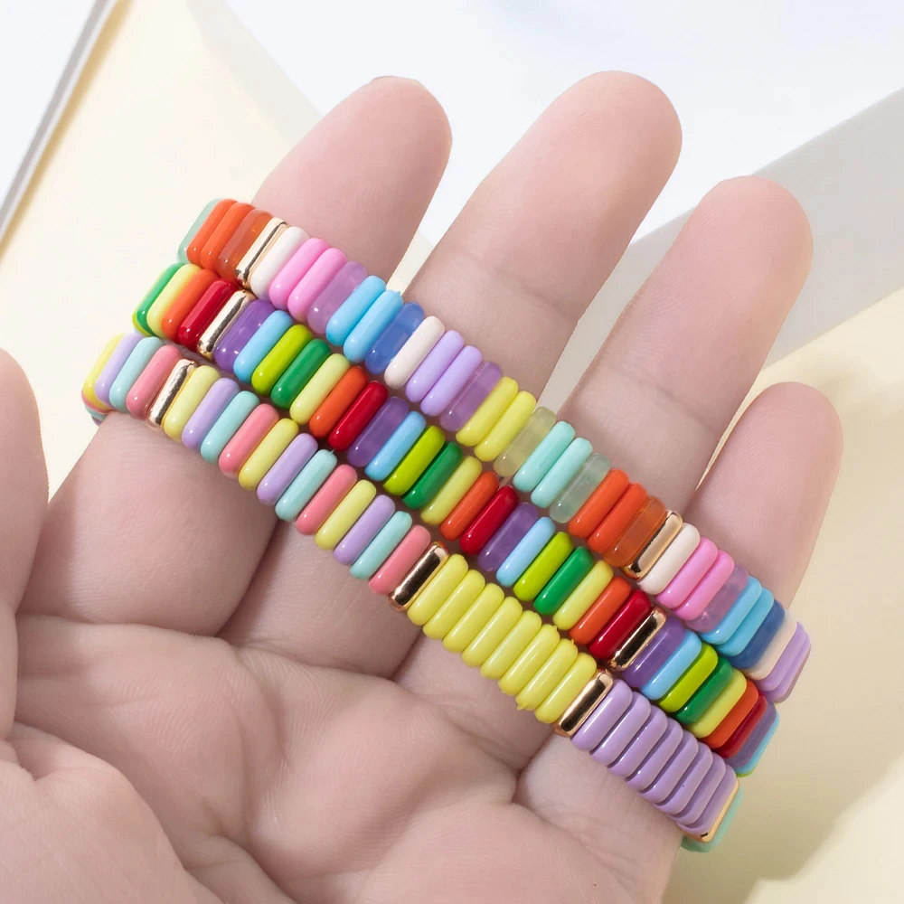 New Trendy 2x8mm Enamel Bangle For Women Colorful Boho Elastic Rope Bracelets Hand Accessory