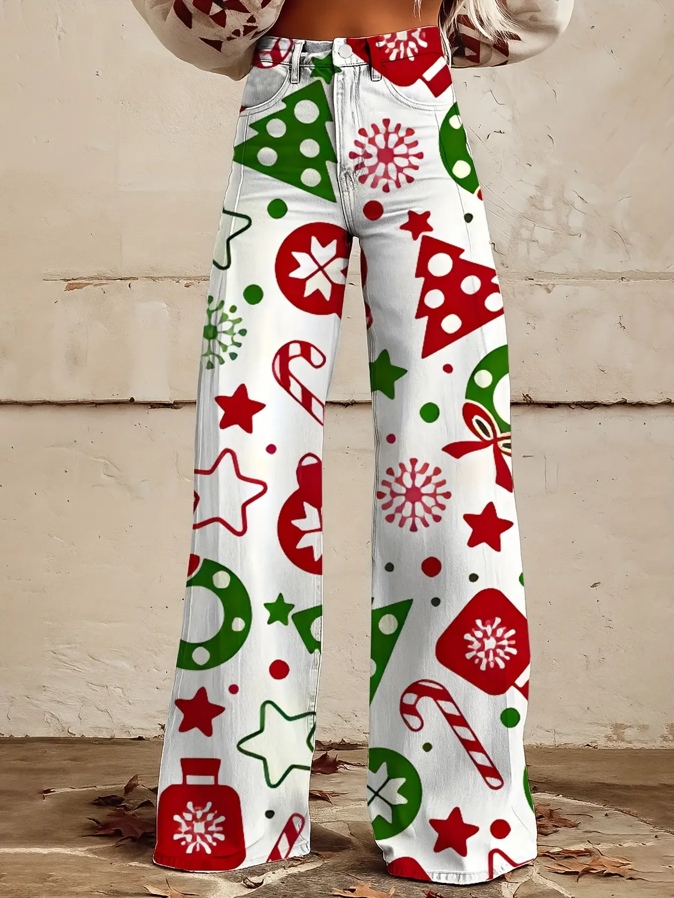 Ladies' imitation denim pants with blue background and Santa Claus snowflake pattern autumn and women's exclusive