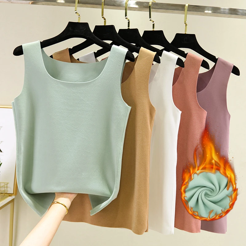 Thickened Double-sided Fleece Warm Vest Women's Smooth Surface Cationic Autumn Winter Base Layer Tank Top Commute Style Pure ...