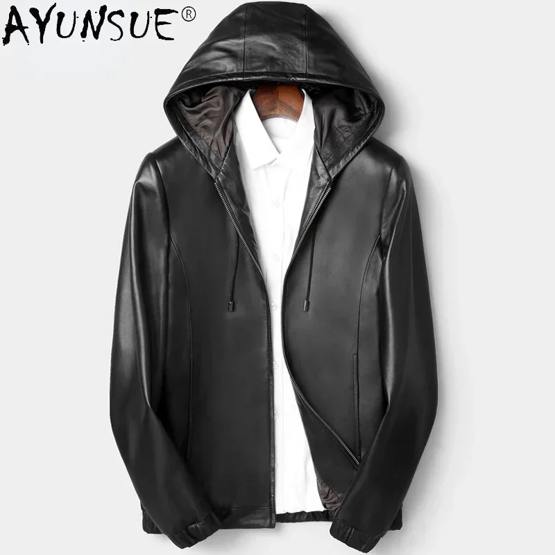 

AYUNSUE Black Sheepskin Leather Jacket Men Clothing Spring Autumn Warm Hooded Mid-length Trenchcoat Coats Casaco De Pele