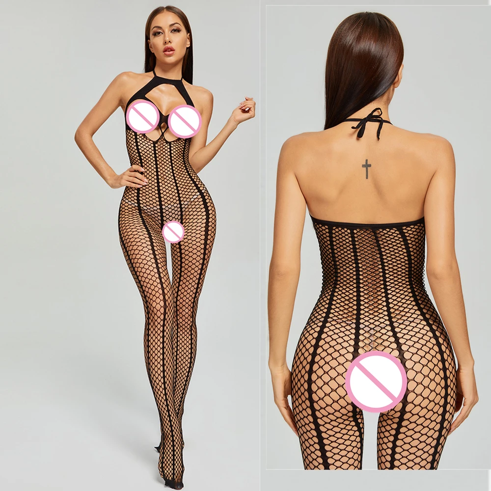 New Fashion Bodystocking Women Hollow Out Fishnet Dress Body Stocking Crystal Bodysuits Lingerie Open Bra Nightwear image 5