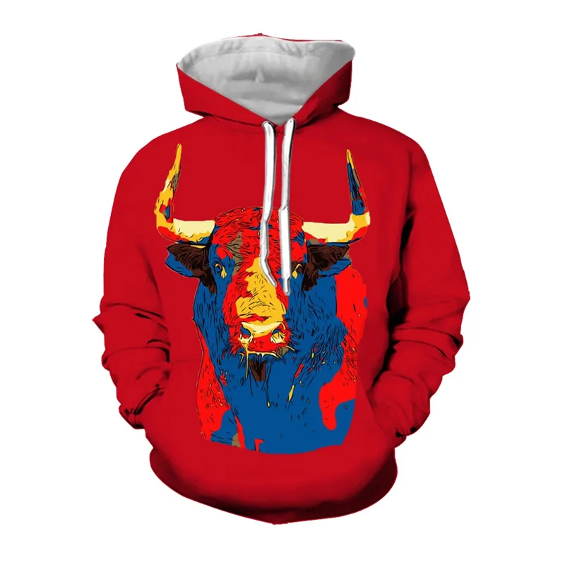 Sudaderas con capucha de toro español con estampado 3D para hombre, sudaderas con gráficos de toro norteamicano, jerséis informales holgados de manga larga con capucha