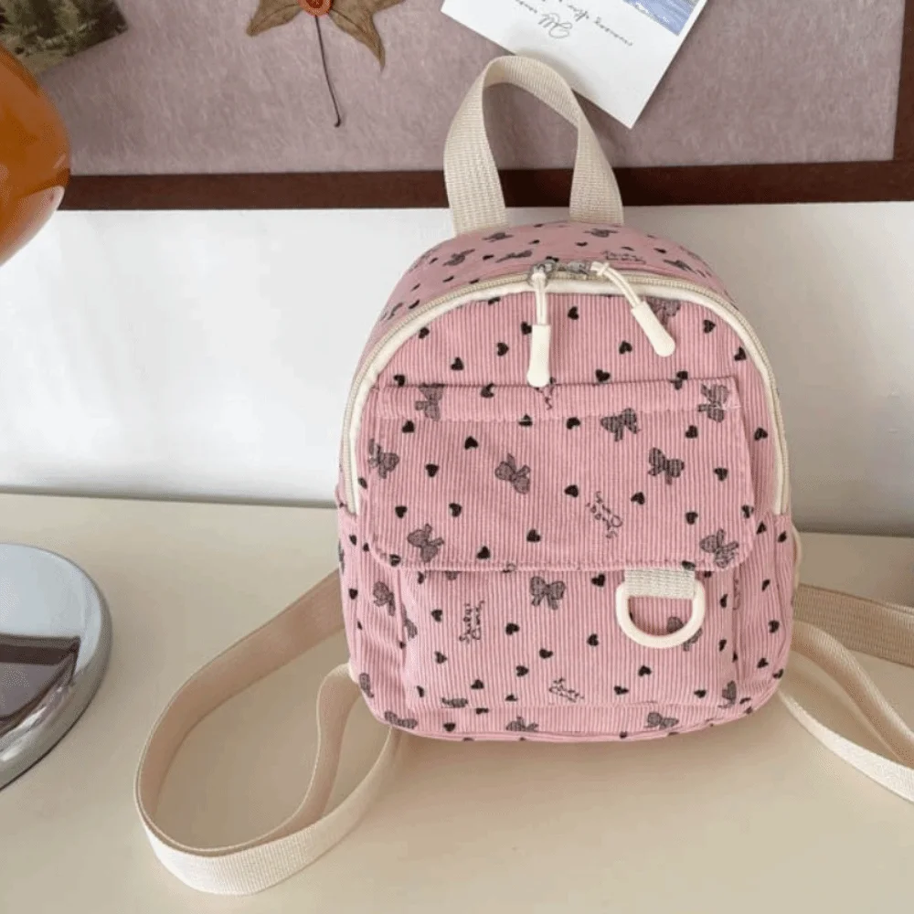 Sweet Corduroy Mini Backpack Lightweight Heart Bow Print Casual Backpack Multi-compartment Zippered Opening Shoulder Bag Travel