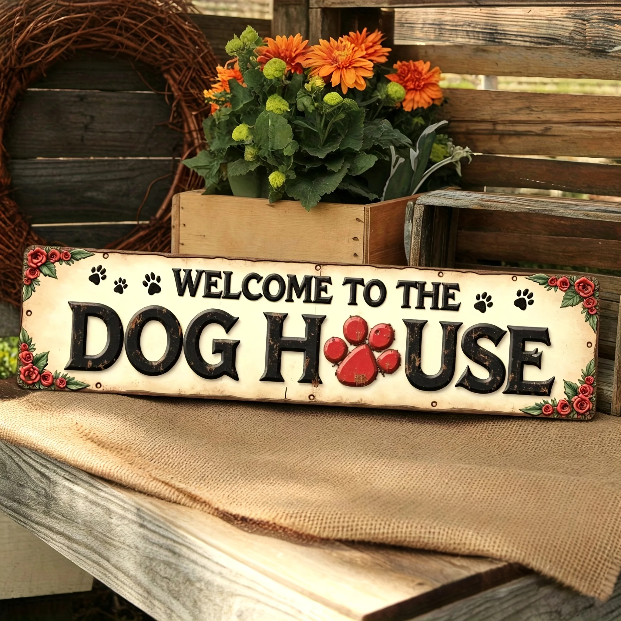 2D Flat, 1pc Vintage Welcome to the Dog House Metal Sign with Paw Print & Roses - Heavy-Duty  Outdoor-Friendly Pet Lover