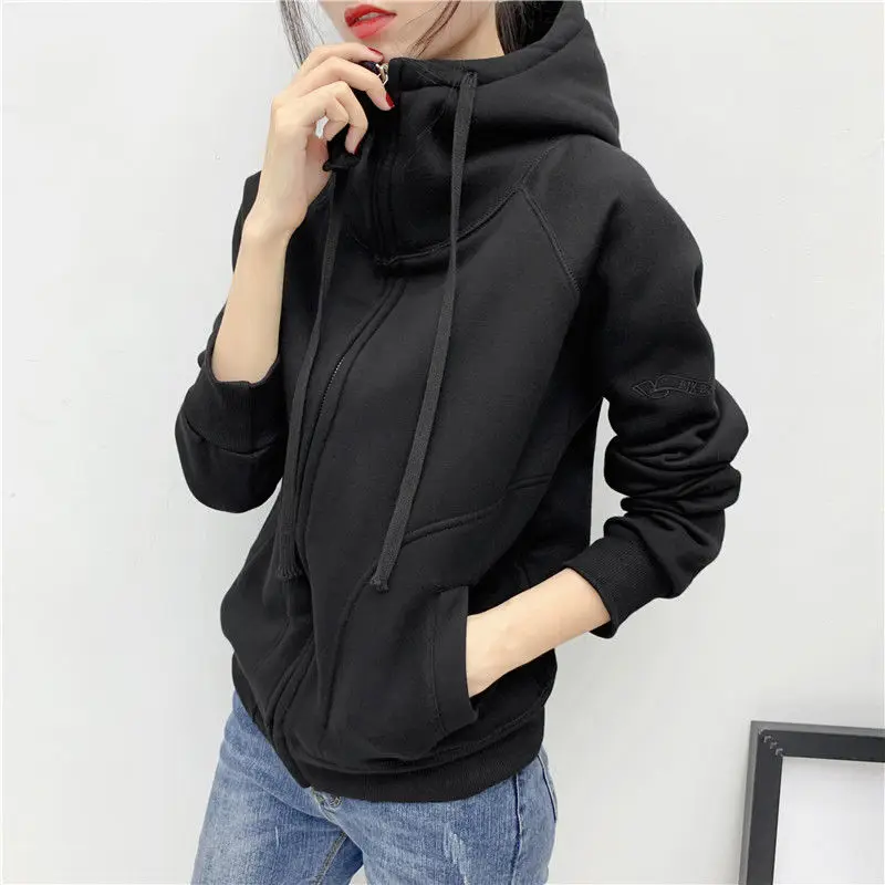 Autumn Winter New Fashion Long Sleeve Solid Hoodies Sweatshirts Cardigan Women's Clothing Drawstring Loose Zipper Pockets Tops