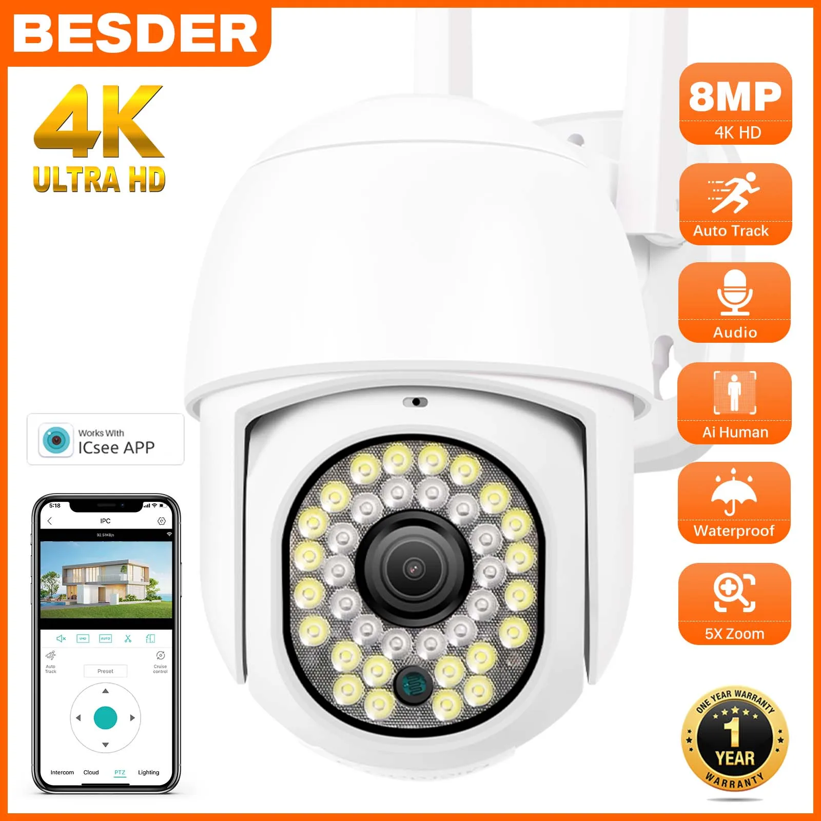 8MP 4K HD Wifi IP Camera Outdoor Home Security CCTV PTZ 5X Digital Zoom Wireless Video Surveillance Camera AI Human Tracking CAM