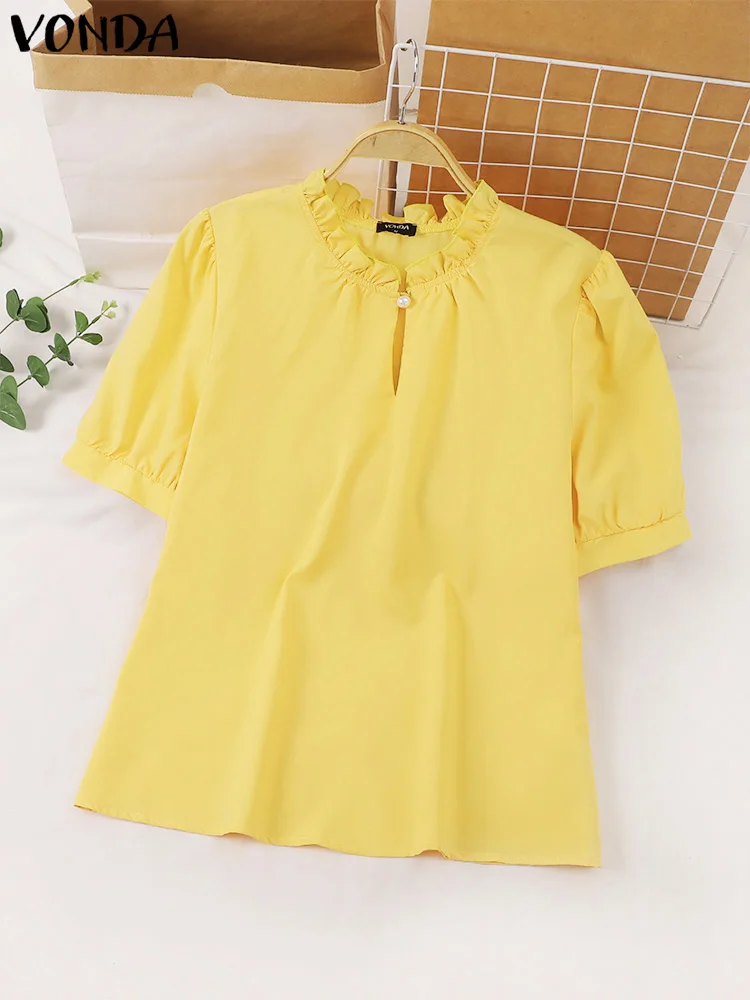 Women Summer Blouses 2024 Fashion Tops VONDA Short Puff Sleeve Stand Collar Ruffled Shirts Casual Loose Elegant Office Blusas