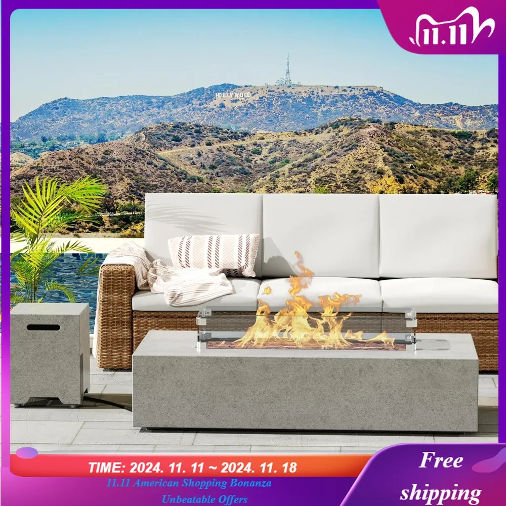 

Propane Fire Pit Table, Rectangle Outdoor Fire Table w Tank Table (50,000 BTU), 3 Piece Gas Fire Pit w Glass