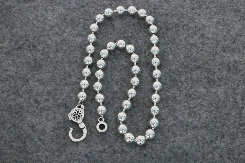 925 Sterling Silver Necklace Women's Long Silver Beads 8mm Round Beads Exquisite Couple Bracelet Men's Korean Version White Silv
