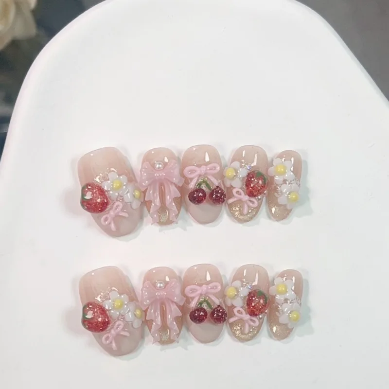 

10 шт. милых накладных ногтей с бантиками, фруктами, летними цветами и жемчугом, разноцветные, в форме миндаля, французские, с эффектом кошачьего глаза