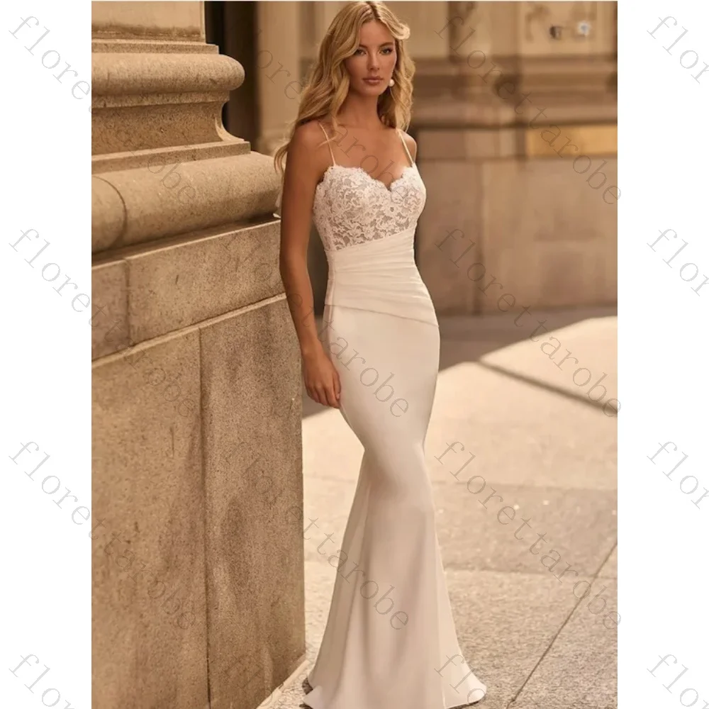 Customized Modern Style Spaghetti Strap Mermaid Wedding Dresses Sweetheart Neck Sleeveless Applique Lace Backless Bridal Gowns