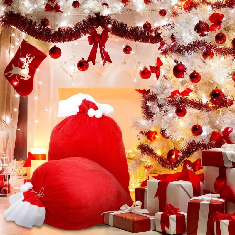 كبير عيد الميلاد سانتا كيس أحمر سعة كبيرة الرباط كيس الحلوى الاطفال الهدايا حامل حقيبة عيد الميلاد عطلة لوازم الديكور الطرف
