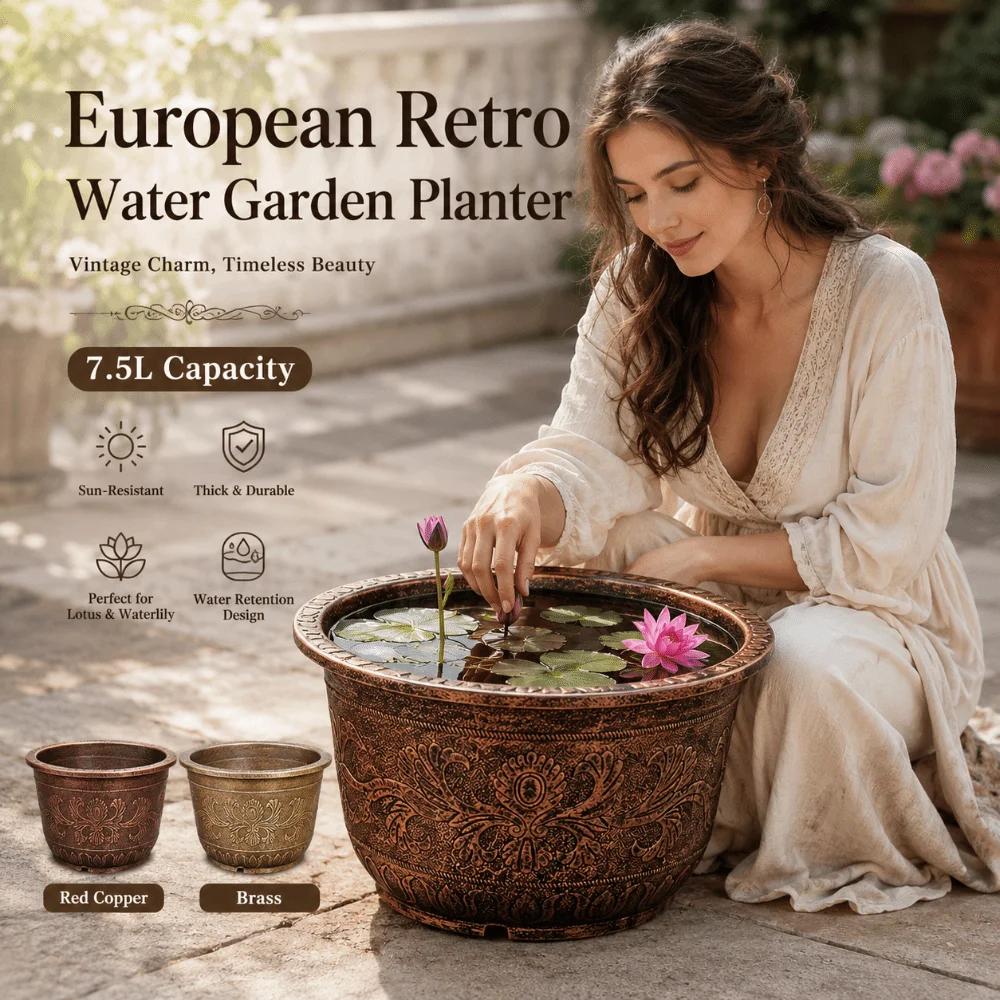 Resin Lotus Planter Pot 4.5L-31L Capacity Large Water Reservoir Planter Copper Bronze Deepened Retro Flower Pot Outdoor Use