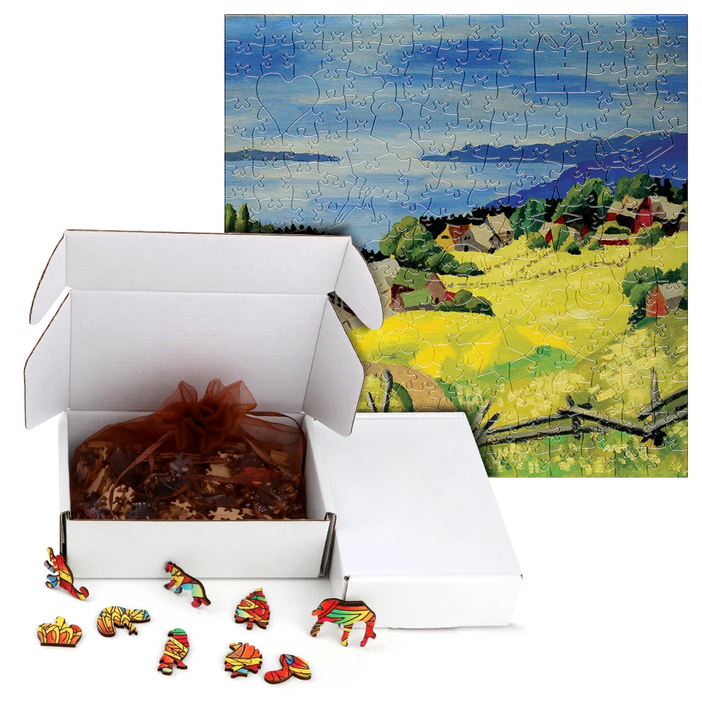 Creative Wooden Jigsaw Puzzles Country Oil Painting 3D Wood Puzzle Craft Irregular Family Interactive Puzzle Toy Social Games