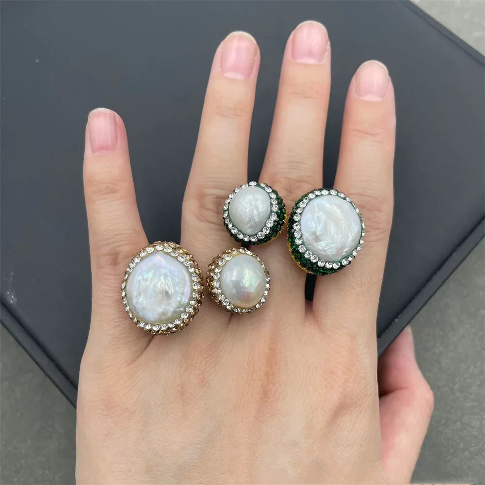 Freshwater Pearl Inlaid Emerald Green Rhinestone Rings for Women Open Golden Color Baroque Coin Shape Pearl  Vintage Jewelry