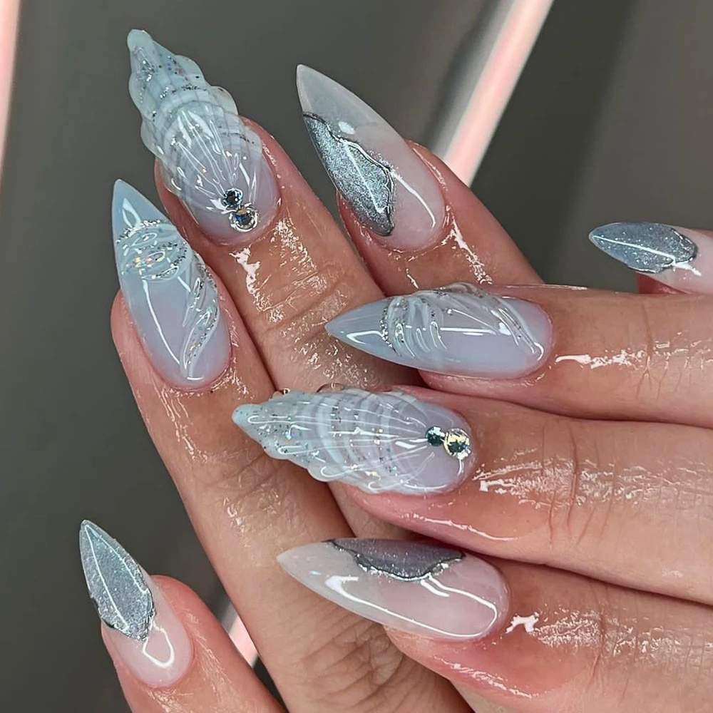 3D Shell Design Blue Almond Shape Nail Art Wearable Fashion False Nails Detachable Finished Fake Nails Press on Nails with Glue