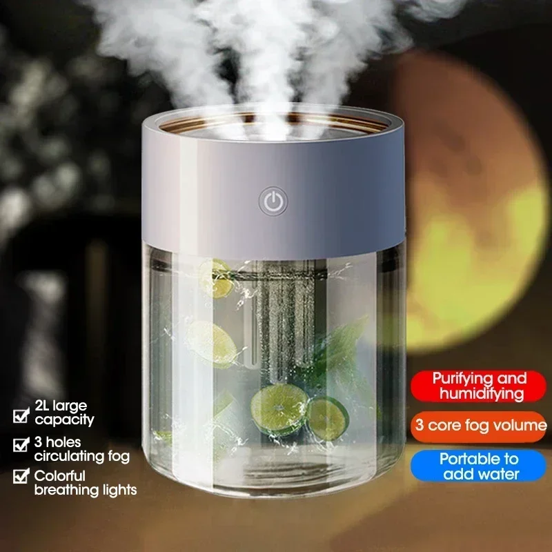 Home Humidifier with 3 Nozzles Large Capacity 2L Atomizer USB Charging Aromatherapy Diffuser Bedroom and Office Air Purification