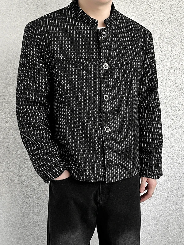 

New Chinese Sle ort oulder Pad Tweed Jaet Men's Casual Stand Collar Leisure Plaid Top Button Closure No Hat