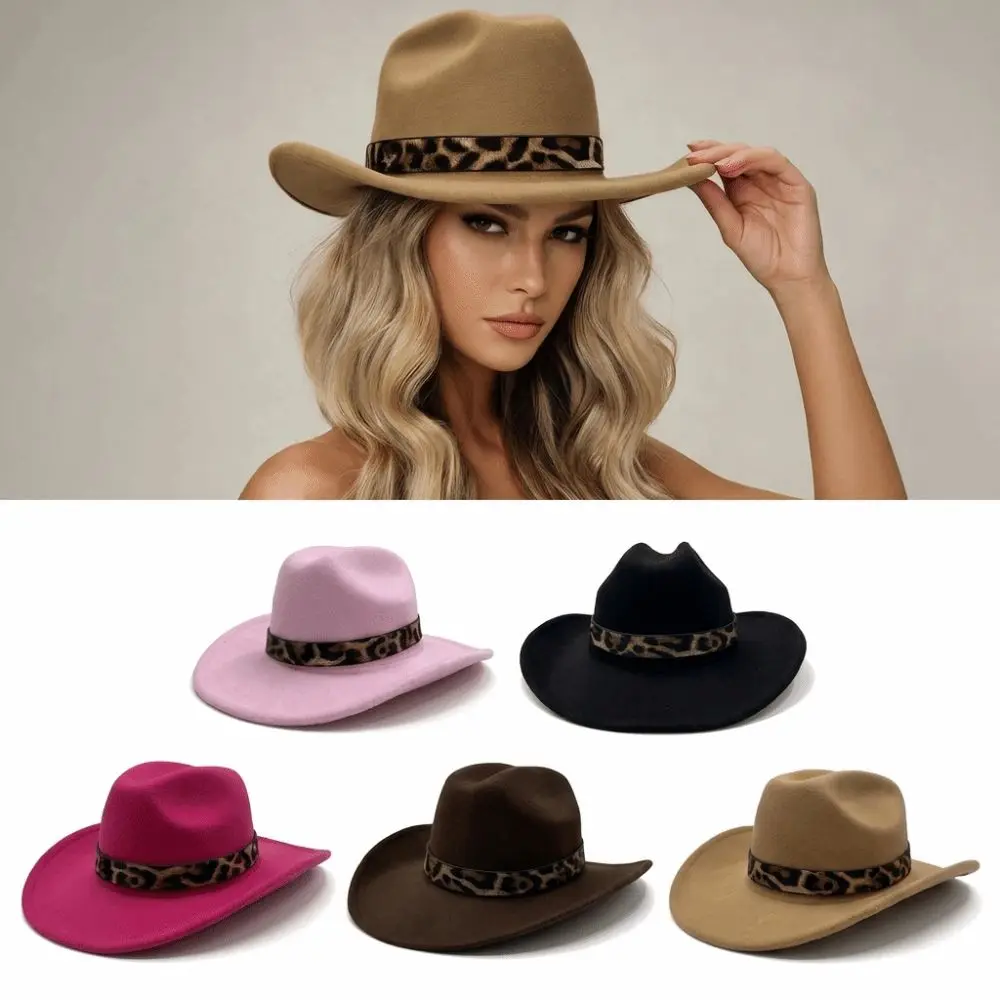 New Felt Fedora Hat Curved Brim Leopard Hat Band Western Cowboy Hat Unisex Vintage Style Dress Hat Men Women
