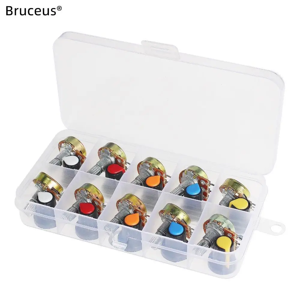 Linear Taper Potentiometer Knob Set para Eletrônica de Áudio, WH148 DIY-Kit, 1K ~ 1M Ohm, 15mm, 3Pin, 10Pcs