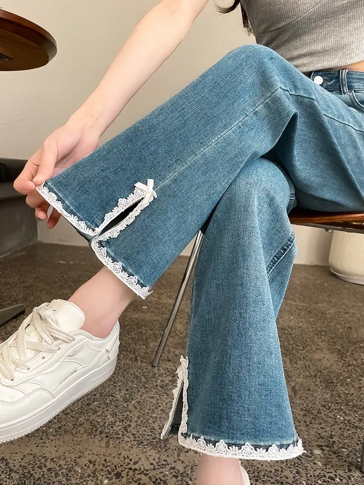 Lace split straight leg jeans women autumn new slim fit high waisted narrow version fashion versatile design sense pants