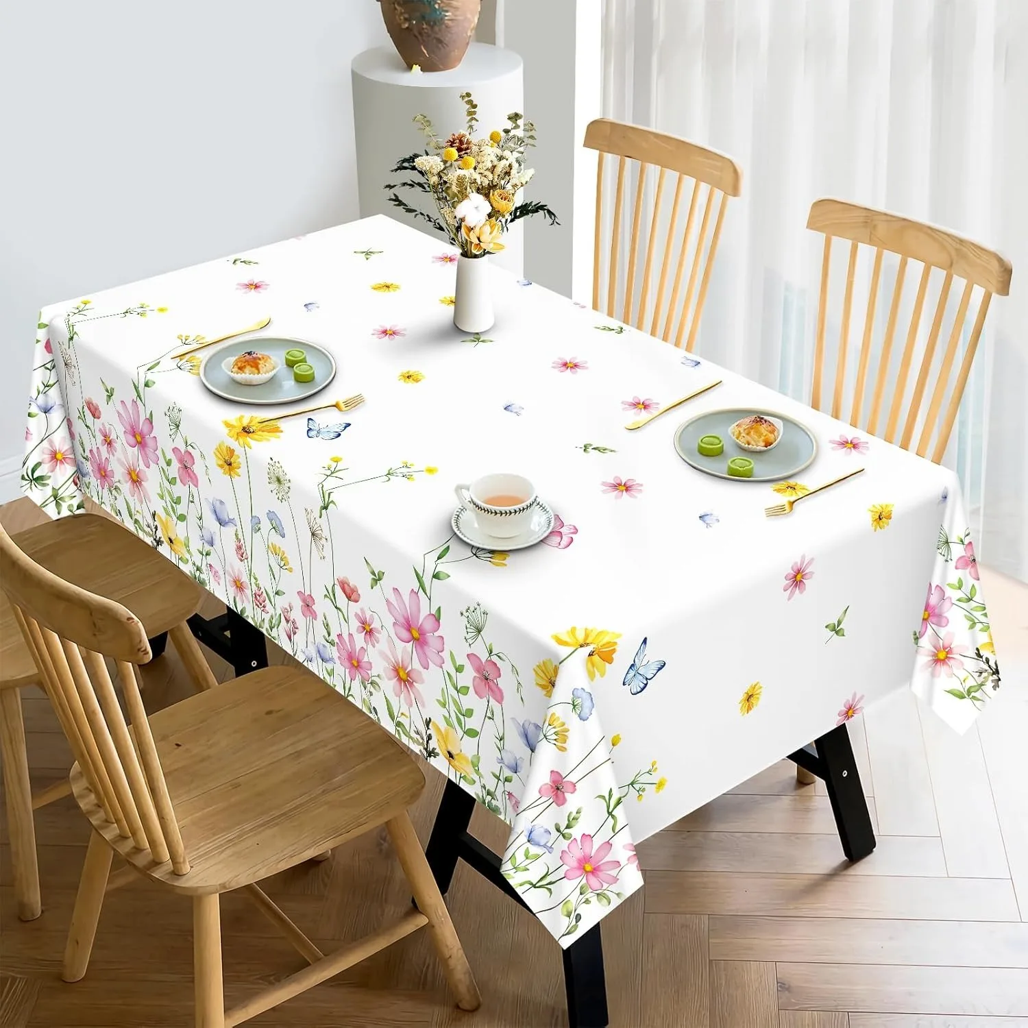 1pc Rectangular Printed Tablecloth, Wildflower Pattern, Spring/Summer Floral Tablecloth, Rectangular, Washable, Suitable for Hom
