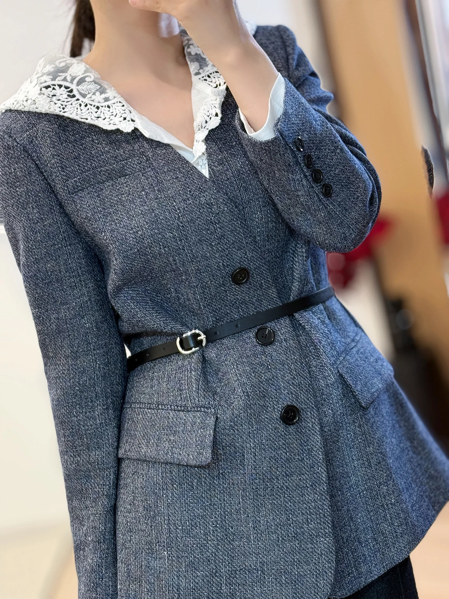 

Petite Suit Jaet Wool V-ne Waist-cinching Belt Design Slimming Early Spring Retro Two-color Long Sve Women's Coat