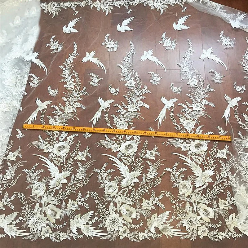 Beautiful Flower Bird Embroidered Lace Fabric, Romantic Wedding Sequins, DIY Dress, High-Quality, RS1639