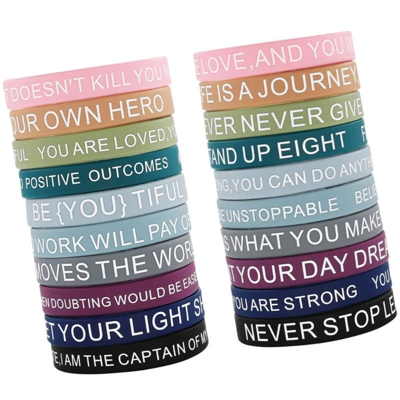 Set of 20 Silicones Motivational Wristbands with Inspirational Sayings Multi Color Assortment for Gifting and Party