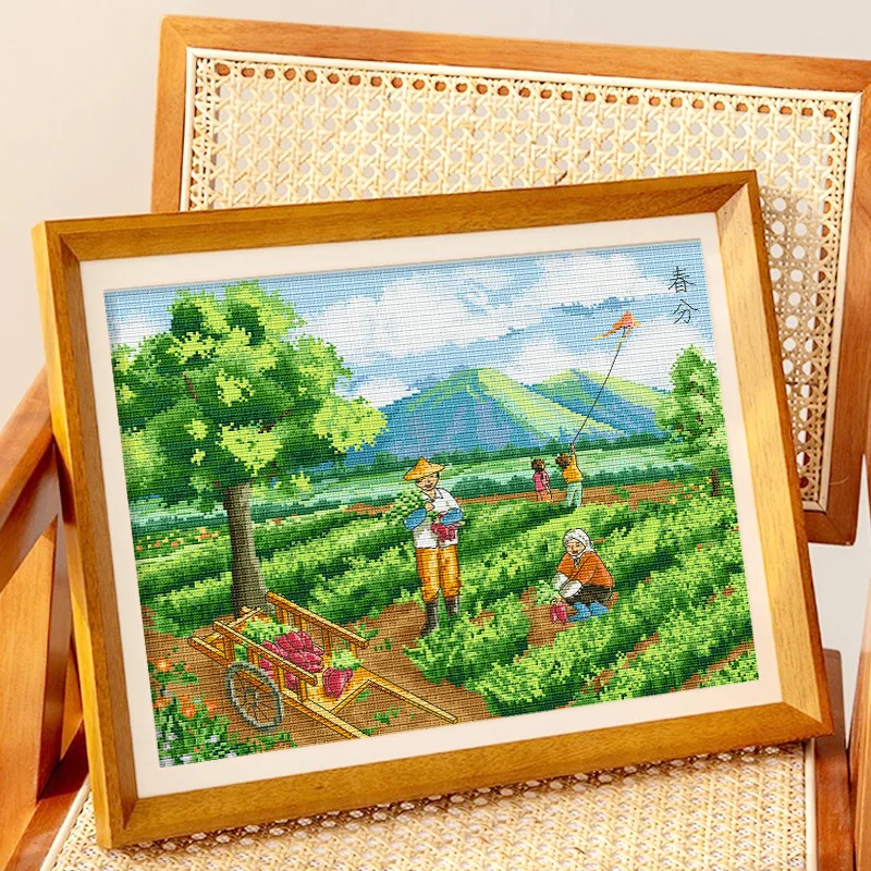 Traditional Manual Cross Stitch Kit, Farmers Cultivating in the Fields on the Spring Equinox a Traditional Chinese Festival