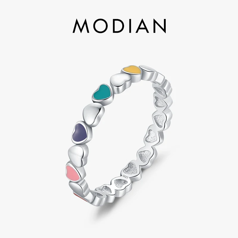 Modian 925 Sterling Silver Multicolour Enamel Hearts Finger Ring Simple Stackable Trendy Original Jewelry For Women Party Gifts