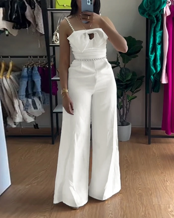 Bow design pleated slim fit jumpsuit