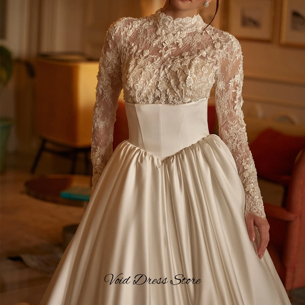 Robe de mariée classique à manches longues et col rond, personnalisée, avec des appliques exquises en dentelle, Vestido De Novia, robe de mariée en satin charmante