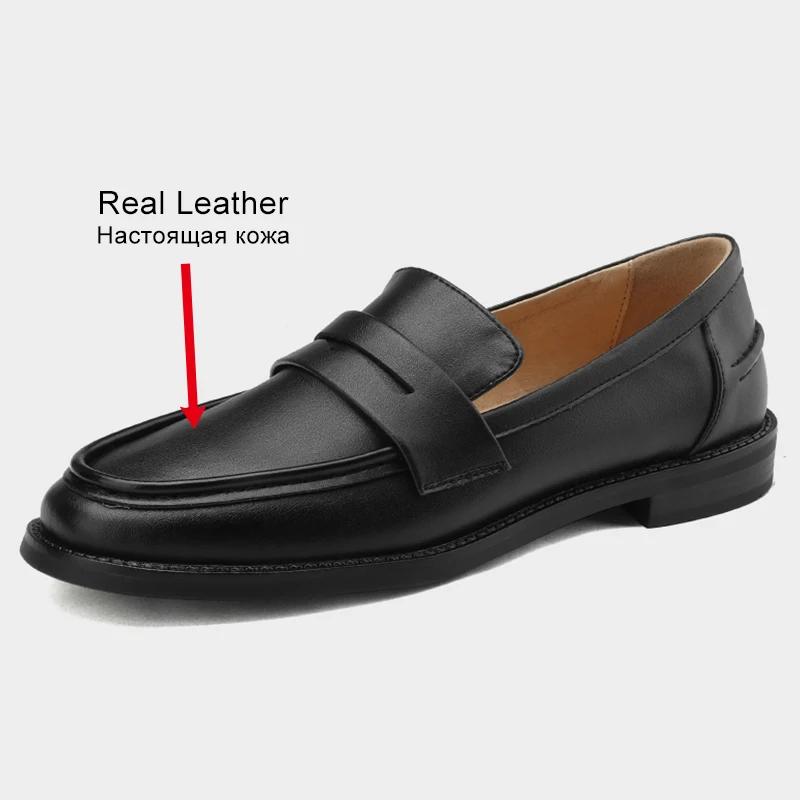 JOZHAMTA Size 34-43 Casual Loafers Women 2023 Genuine Leather Chunky Heels Shoes For Women Big Black Office Ladies Flats Shoes