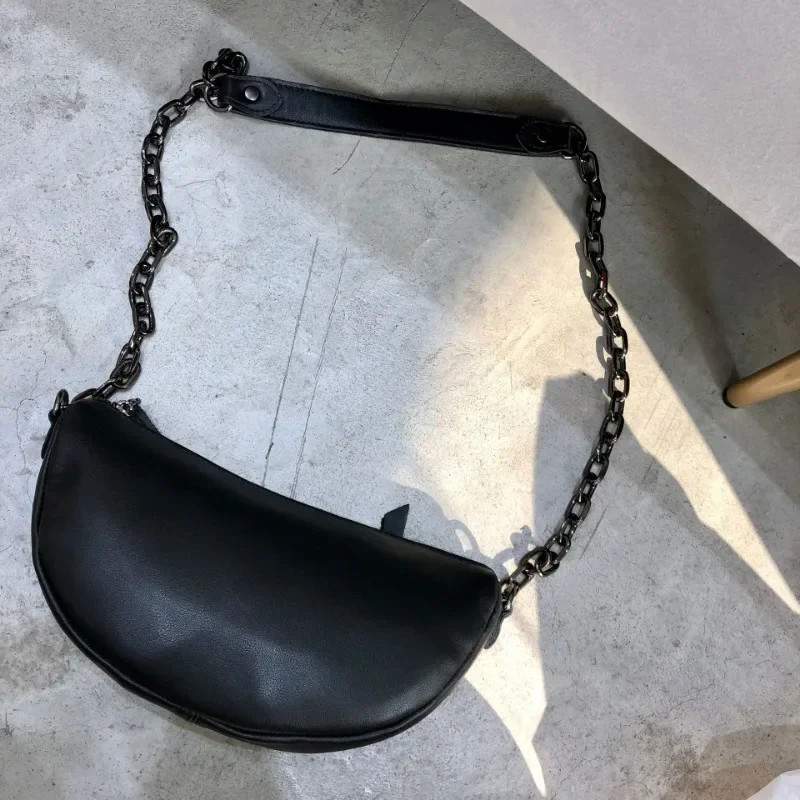 Bolsos Hobos de piel de vaca auténtica para mujer, bolso de hombro ajustable, bolsos con cadena a la moda, Bolsas de lujo de diseñador de nicho