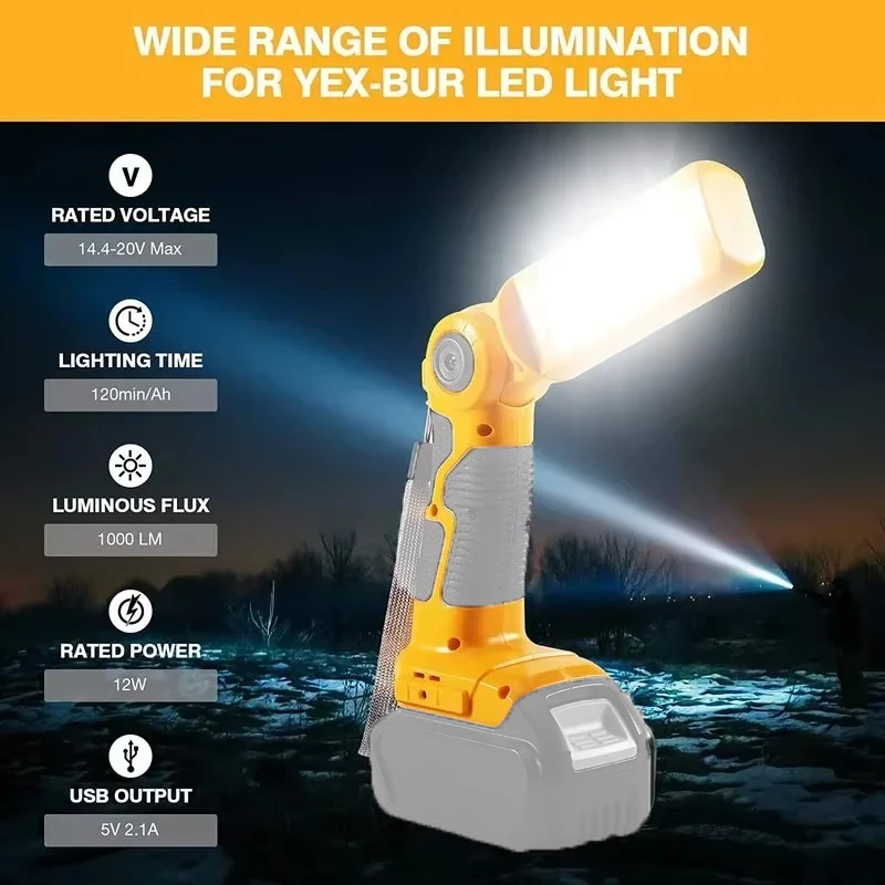 12W 14.4V-18V LED Lamp For DEWALT 18V 20V Lithium ion Battery DCB201 DCB200 Outdoor Spotlight Working Light Flashlight With USB