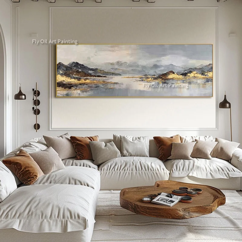 Handmade Canvas Wall Art Gold Mountain Oil Painting Textured Landscape Horizontal Wall Decor For Living Room