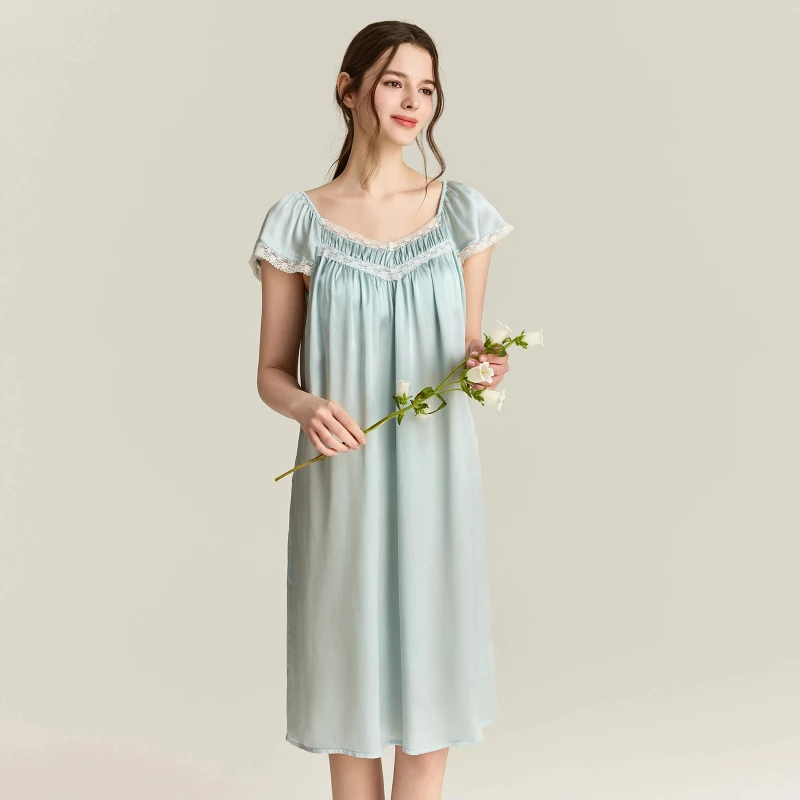French Court Style 100% Natural Silk Woman Nightgowns Chest Bra Padded Nightdress Lace Trim Sleepwear Lingerie Midi Sleepshirts